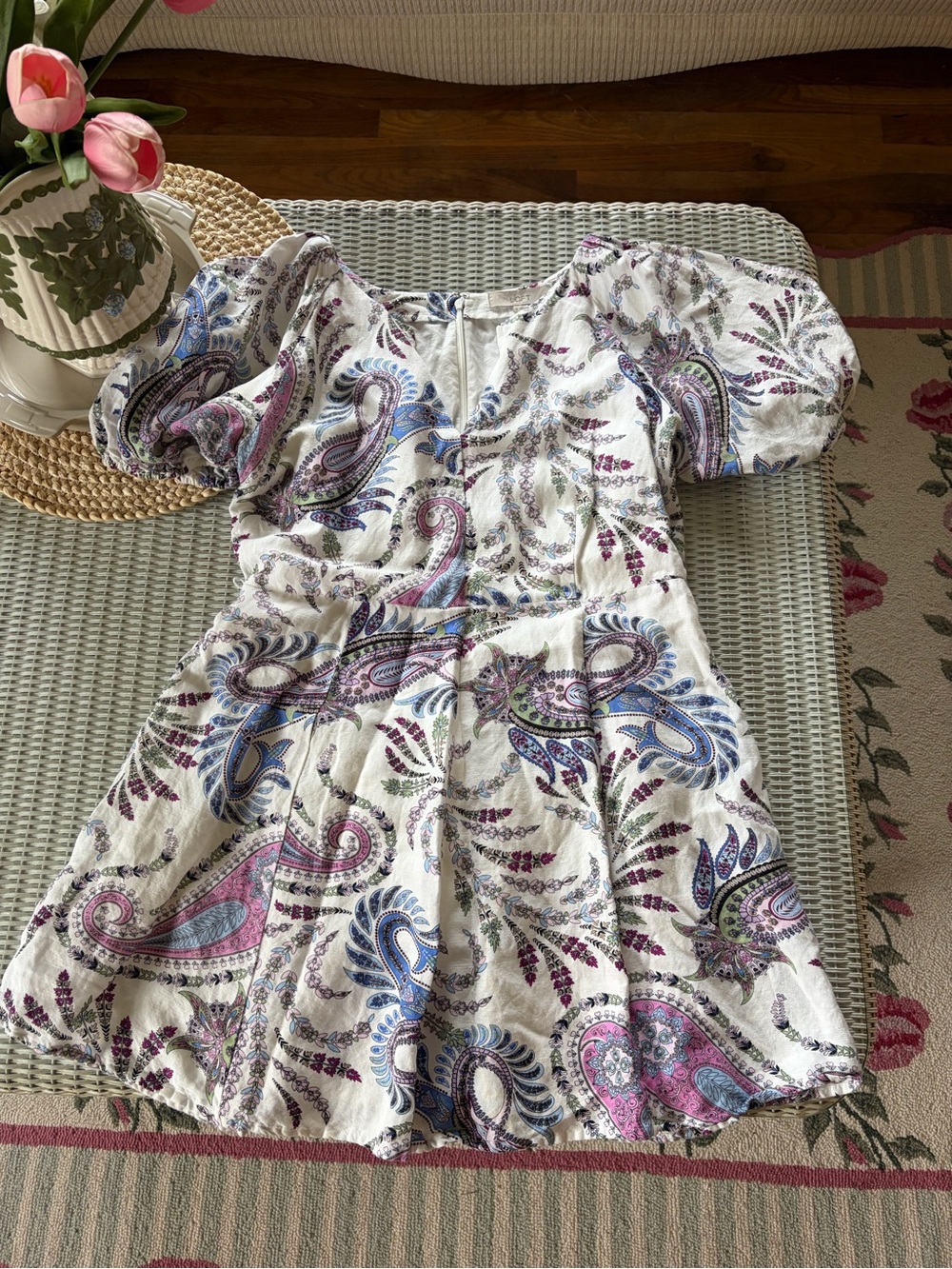LOFT White Paisley Puff-Sleeve Dress with Blue & Pink Accents